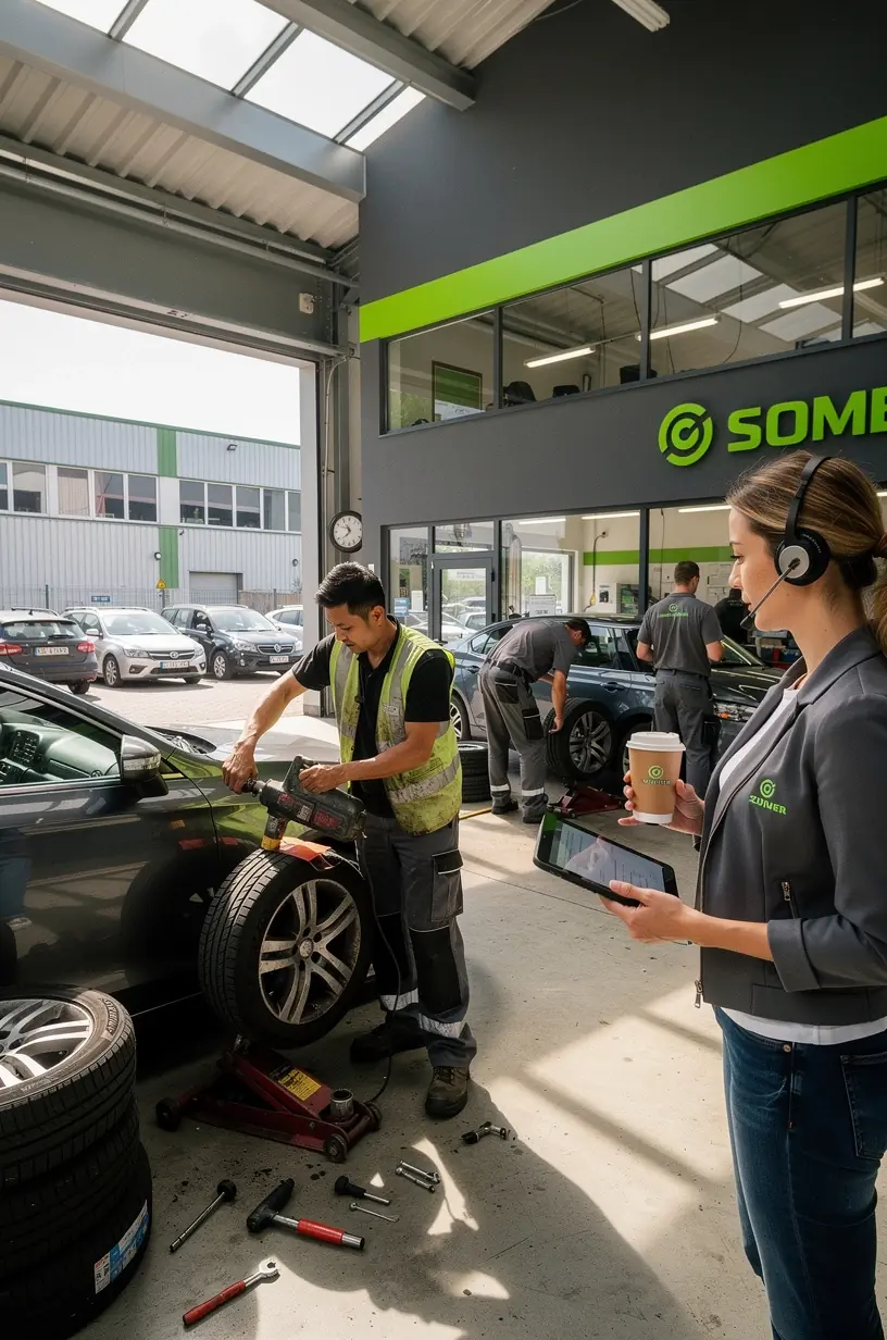 Übersichtlicher Servicebereich mit Reifen, Werkzeugen und Fachpersonal im Einsatz.